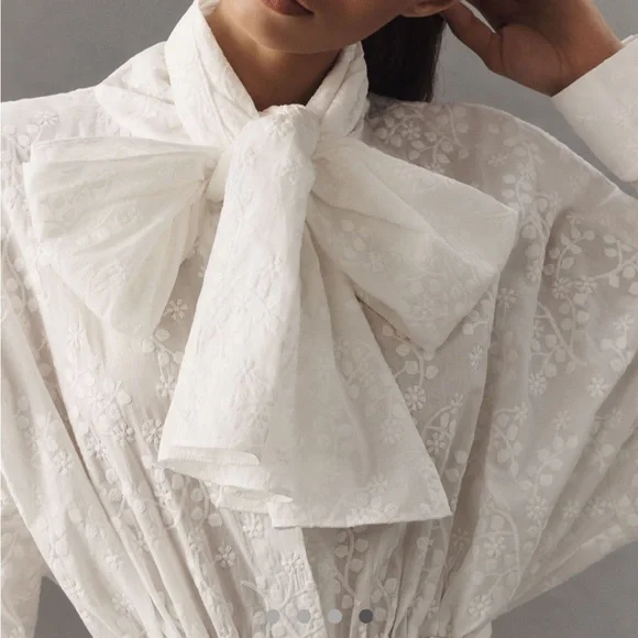 Norma Kamali Bow Neck Long Sleeves Mini White Shirt Dress M NWT - Picture 3 of 3